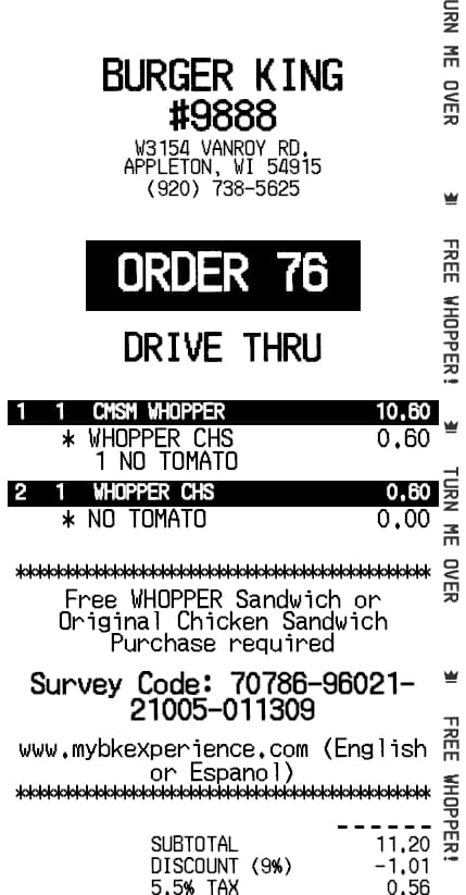 Burger King Receipt Generator
