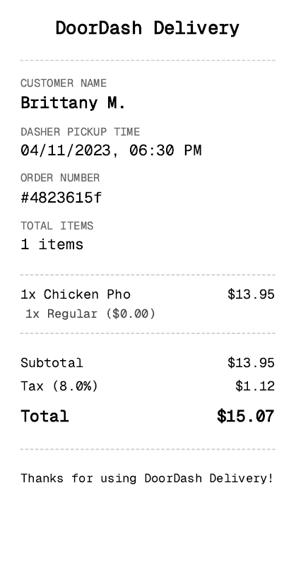 DoorDash Receipt Generator