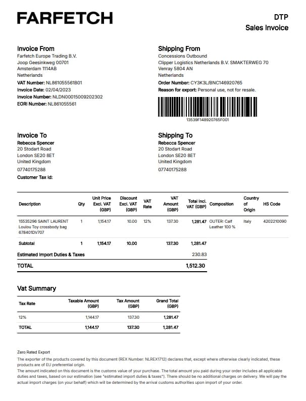 Farfetch Receipt Generator
