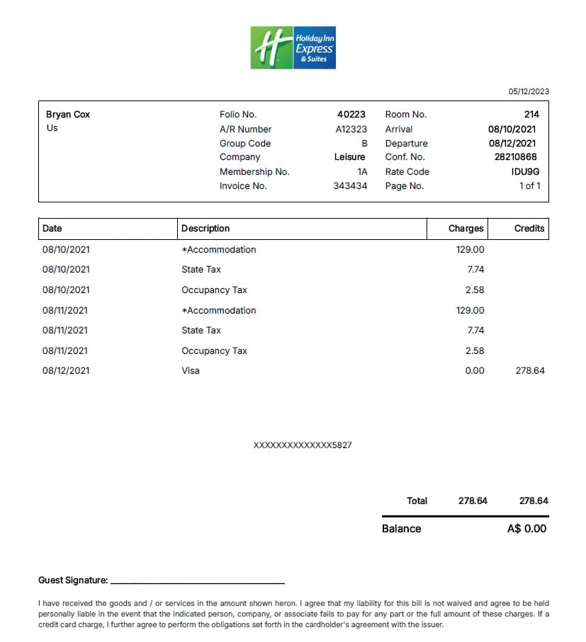 Holiday Inn Receipt Generator