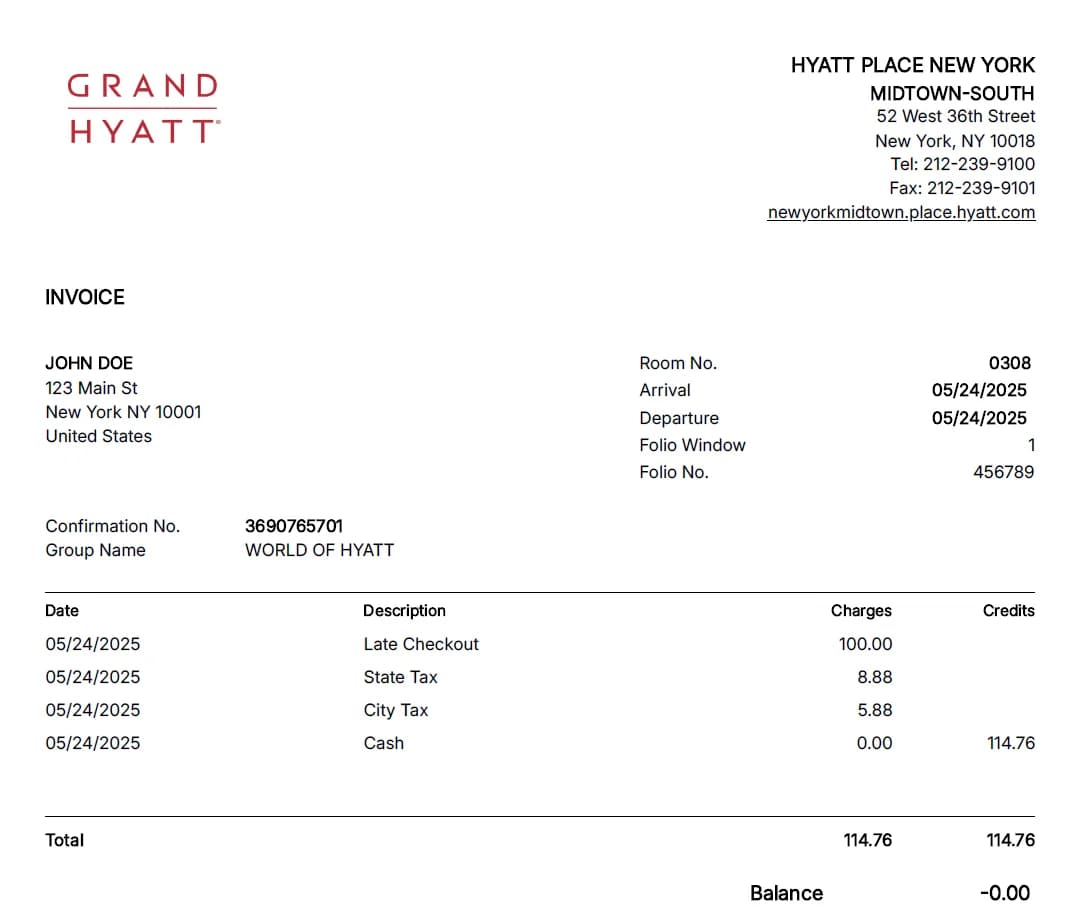 Hyatt Palace Receipt Generator