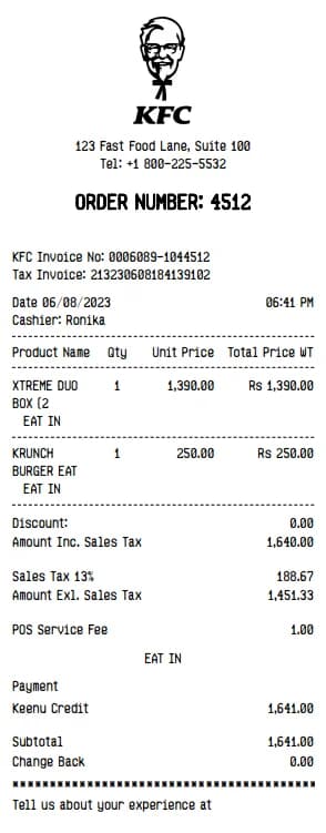 KFC Receipt Generator