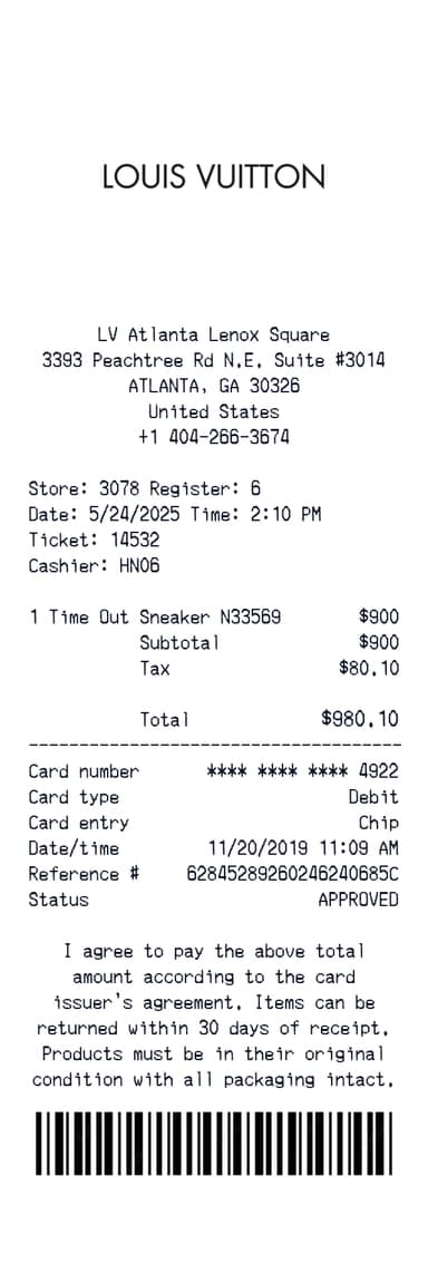 Louis Vuitton Receipt