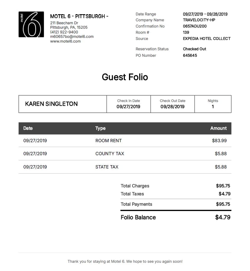 Motel 6 Receipt Generator