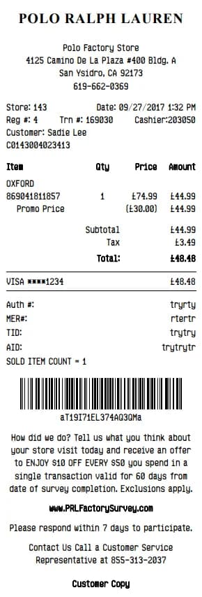 Polo Ralph Lauren Receipt Generator