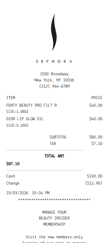 Sephora Receipt