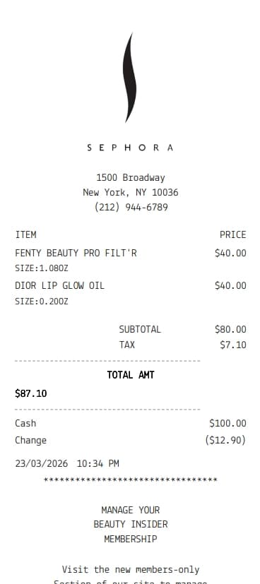 Sephora Receipt Generator
