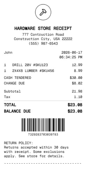 Hardware Store Receipt