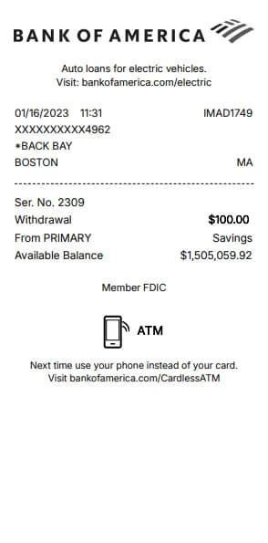 Bank of America ATM Receipt