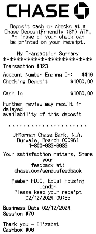 Recibo de Chase ATM