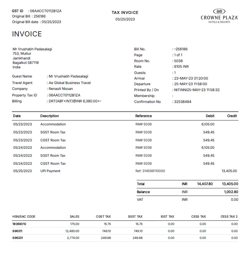 Crowne Plaza Receipt Generator