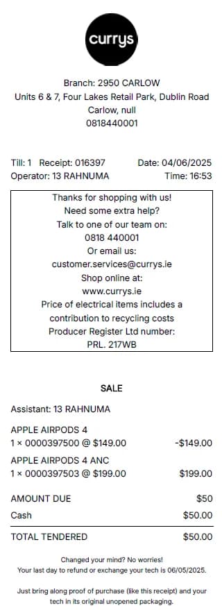 Currys Receipt Generator