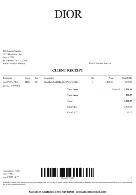 Dior Receipt Generator