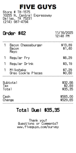 Five Guys Receipt Generator