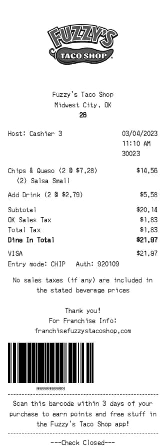 Fuzzy's Taco Shop Receipt Generator