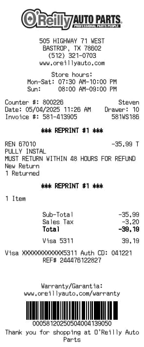 O'Reilly Auto Parts Receipt Generator