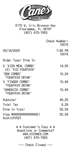 Raising Cane's Receipt Generator