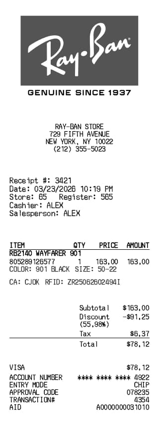 Recibo de Ray-Ban