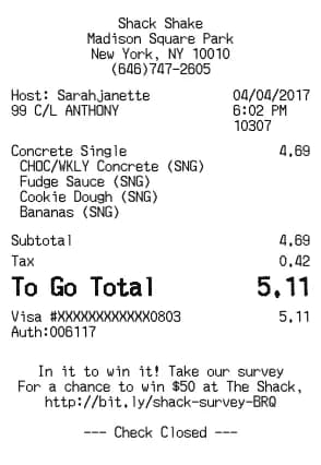 Shake Shack Receipt Generator