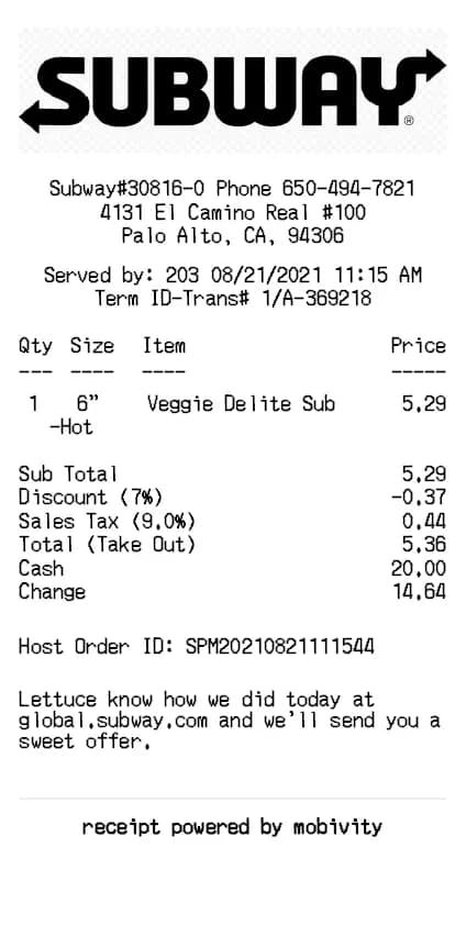 Subway Receipt