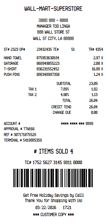 Walmart Superstore Receipt