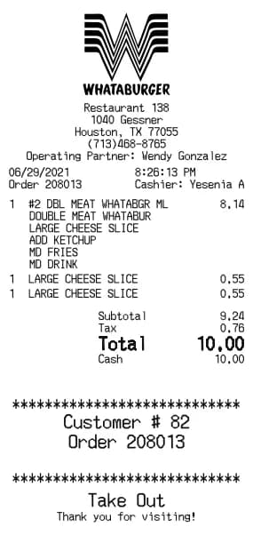 Whataburger Receipt Generator