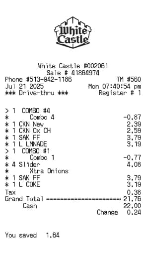 White Castle Receipt Generator