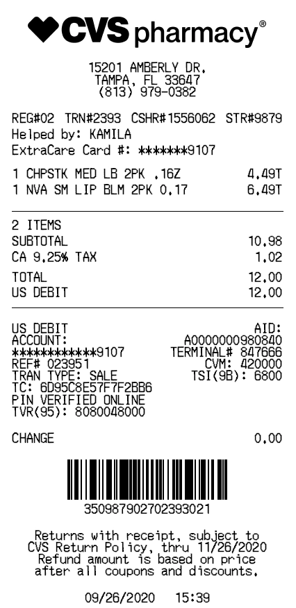 CVS Pharmacy Receipt Generator
