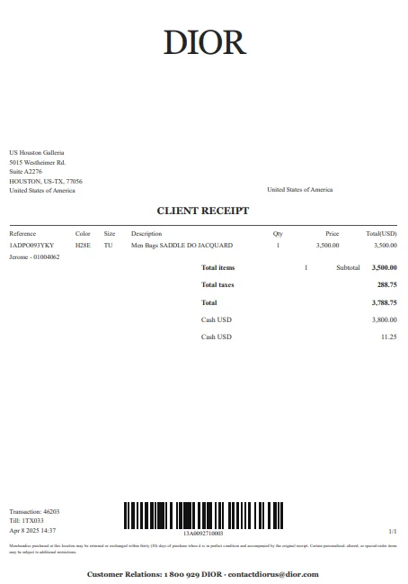 Dior Receipt Generator