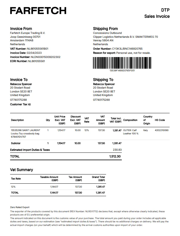 Farfetch Receipt Generator