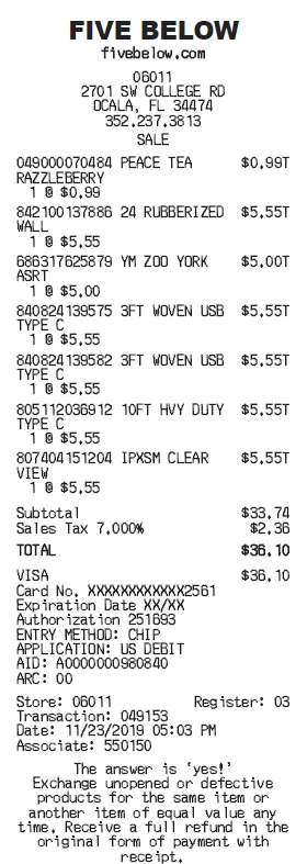 Five Below Receipt Generator