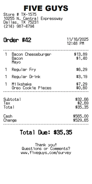 Five Guys Receipt Generator