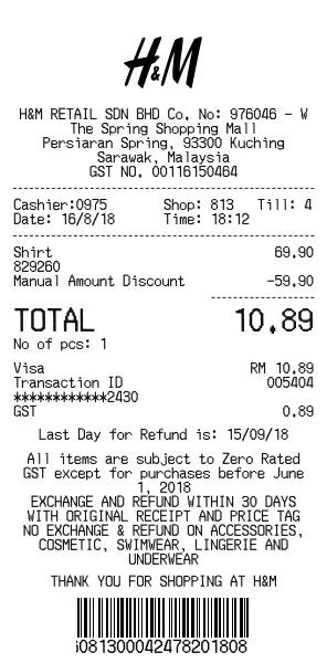 H&M Receipt Generator