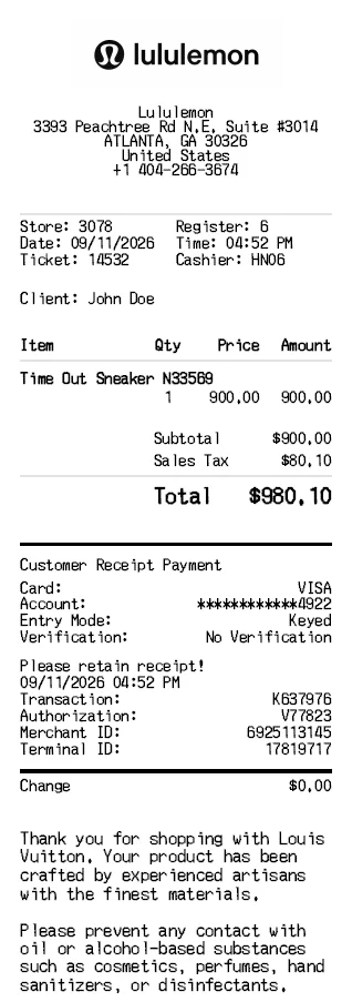 Lululemon Receipt Generator
