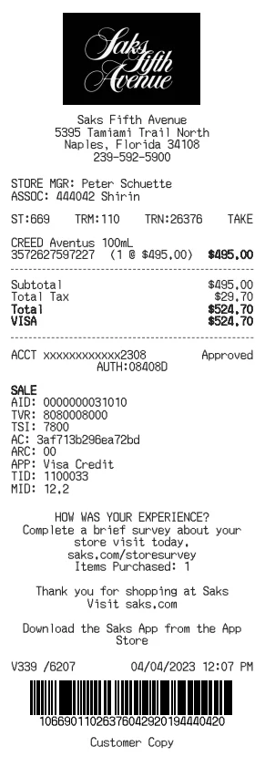 Saks Fifth Receipt Generator