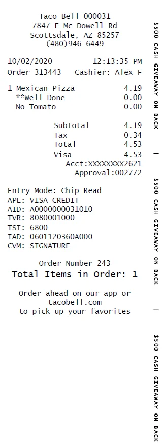 Taco Bell Receipt Generator