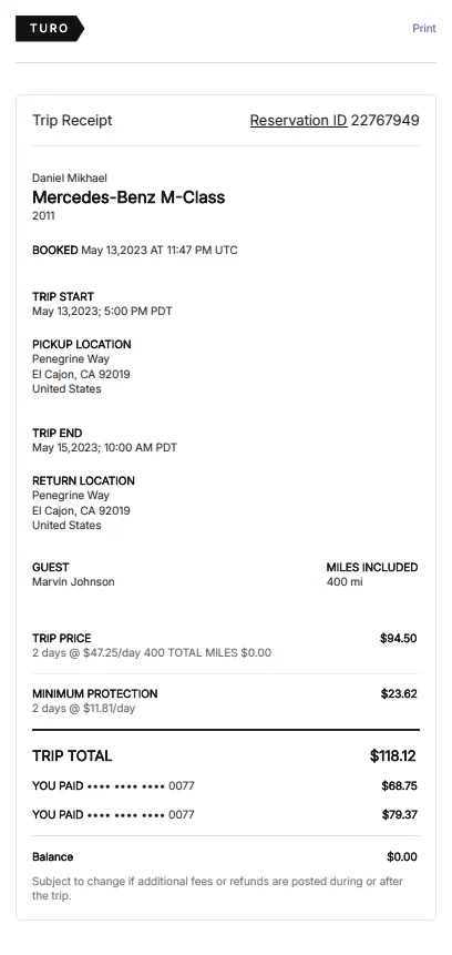 Turo Rental Receipt Generator
