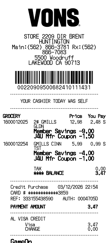 Vons Receipt Generator